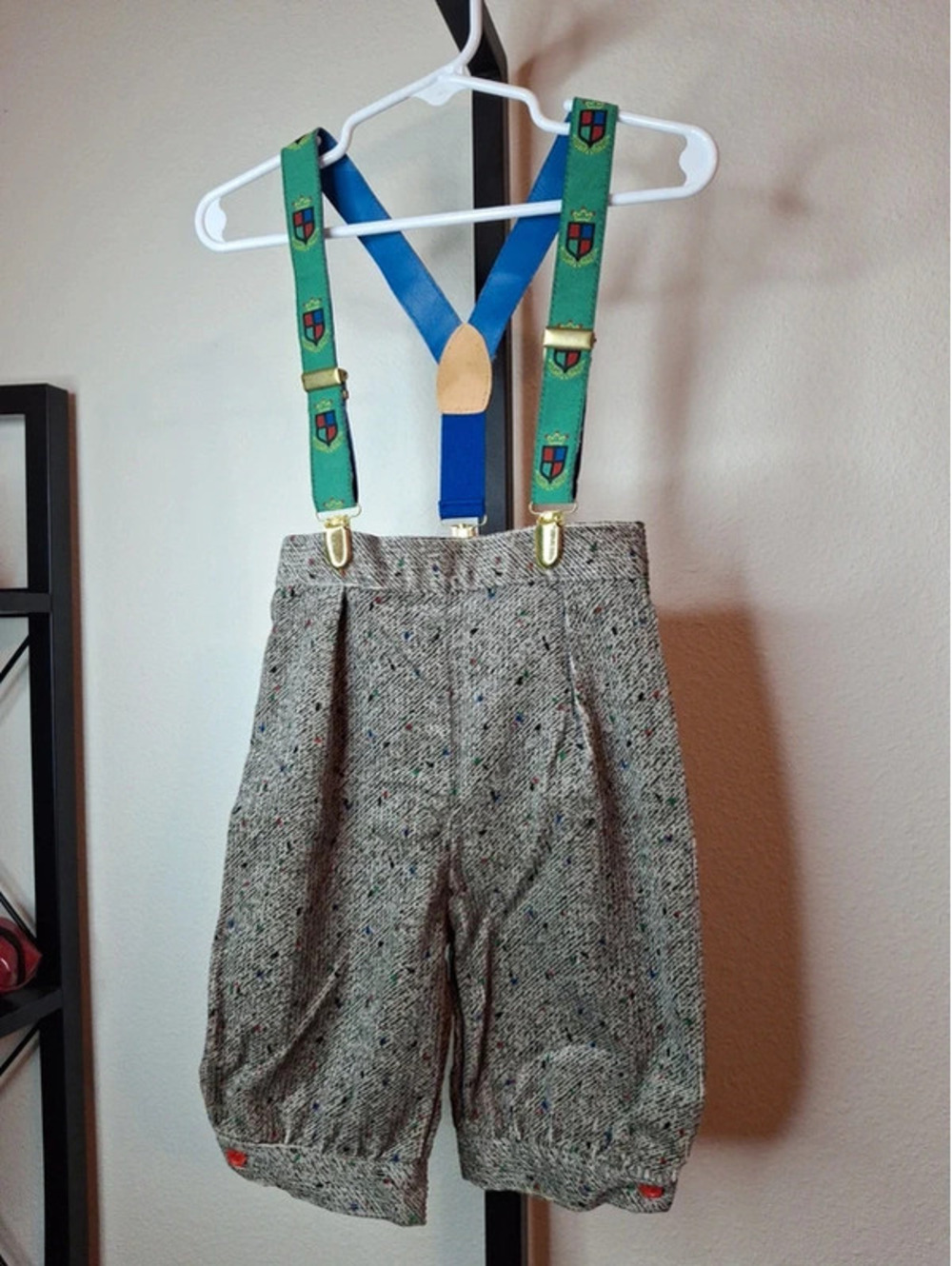 Vintage Kitestrings classic grey tweed-style toddler shorts with suspenders